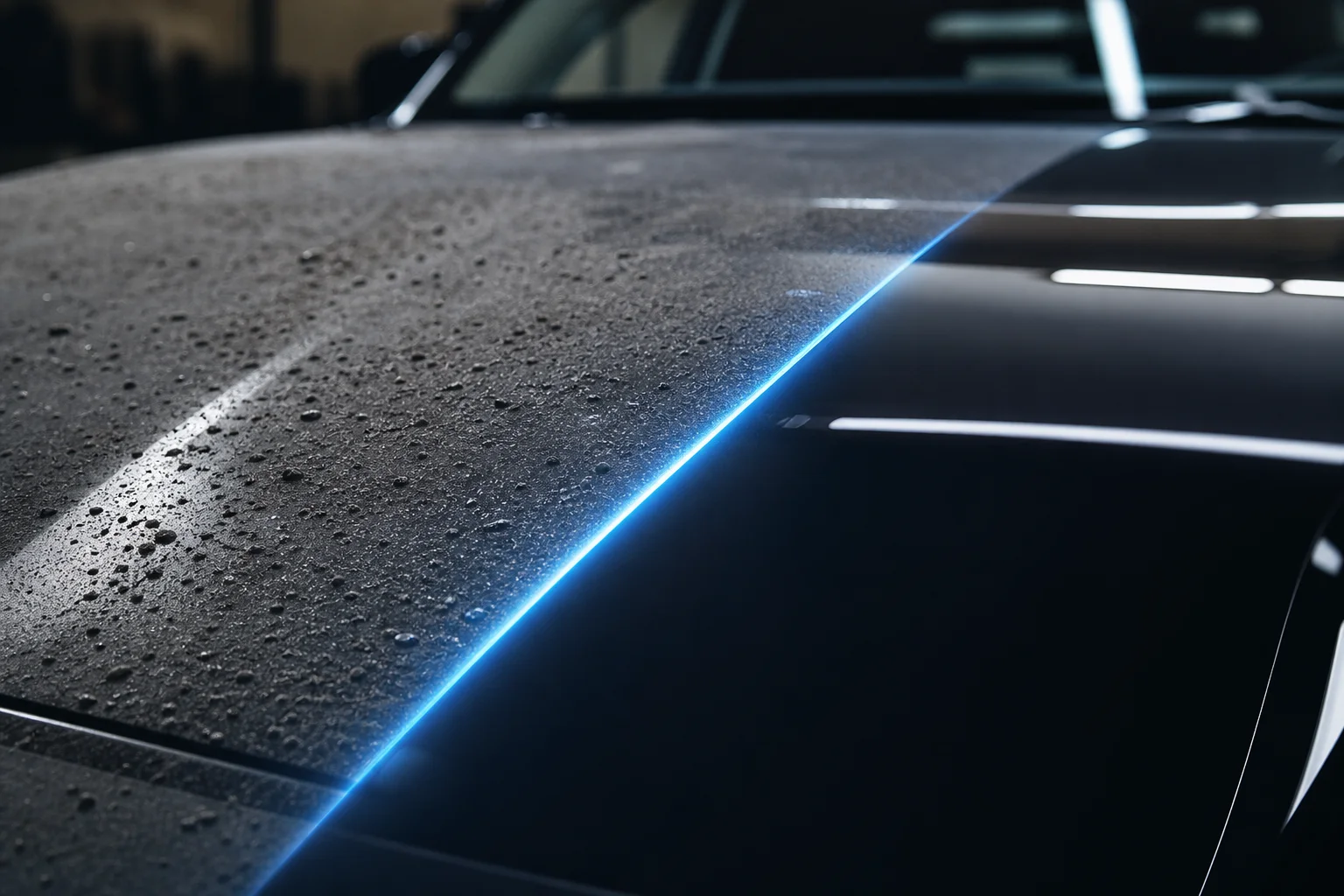Close up of car surface transforming from gritty to glossy showroom finish