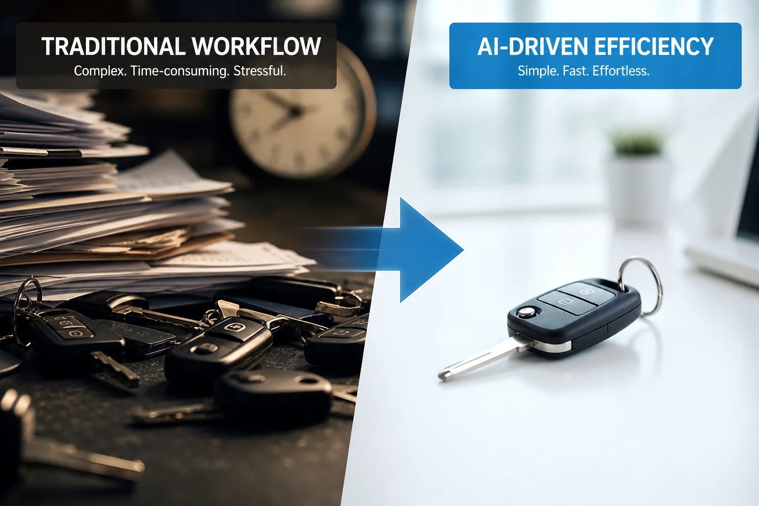Split screen comparing chaotic traditional workflows with clean AI efficiency