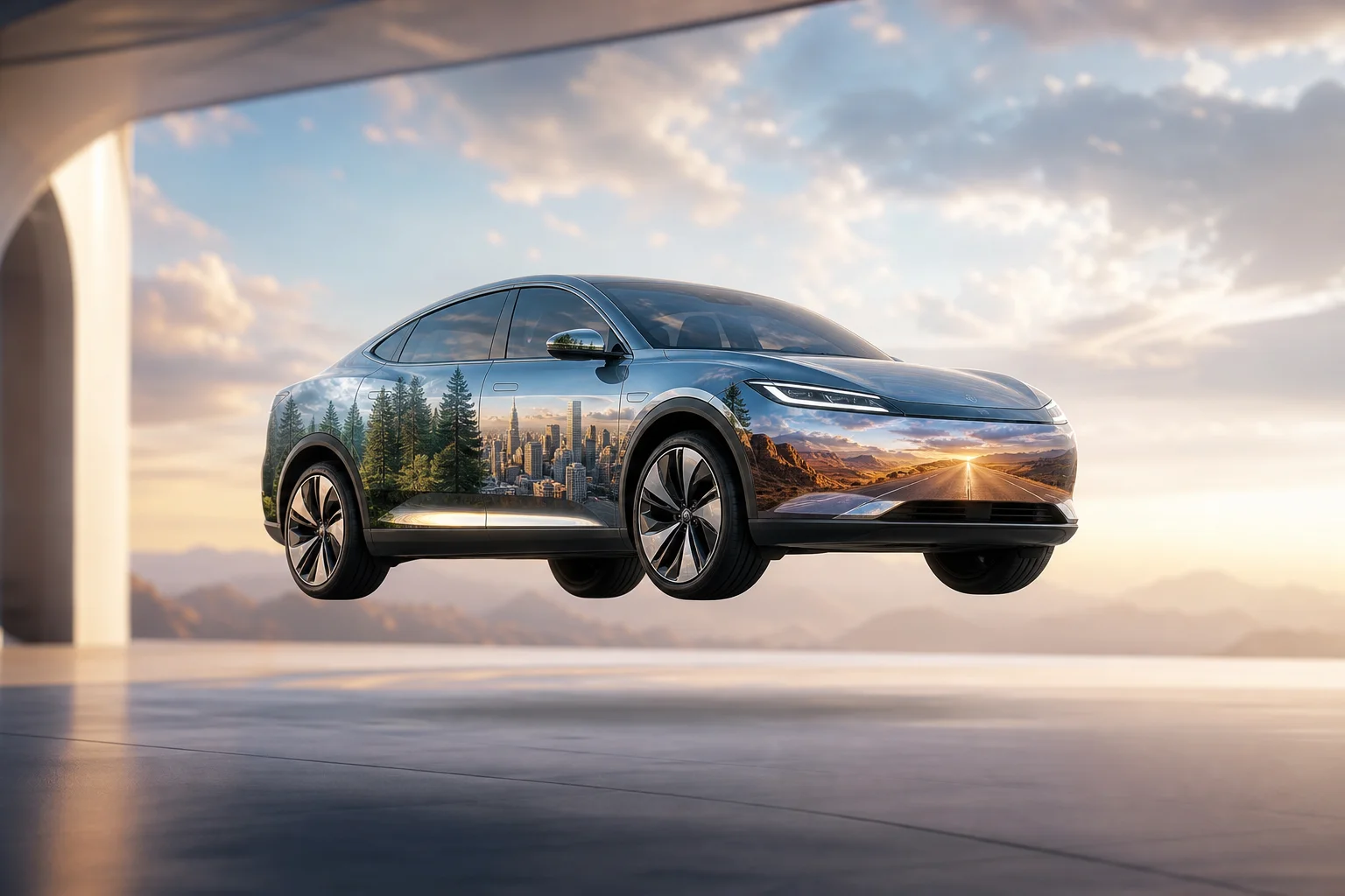 Car reflecting multiple environments symbolizing background library options