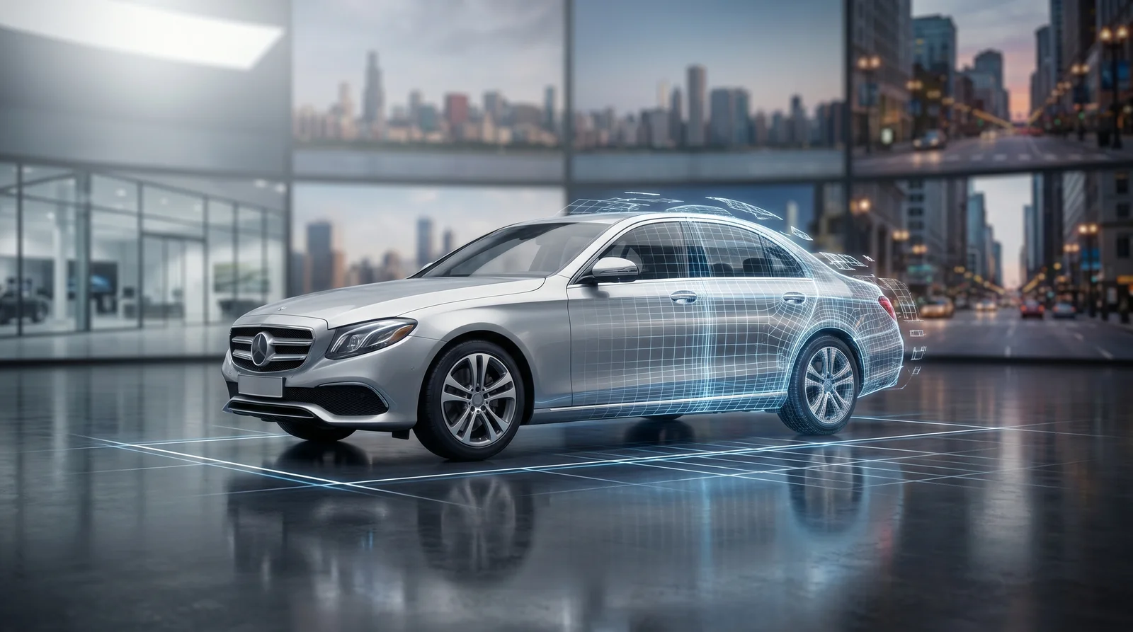 Conceptual visualization of AI transforming a car photo with precise edge detection and dynamic background replacement