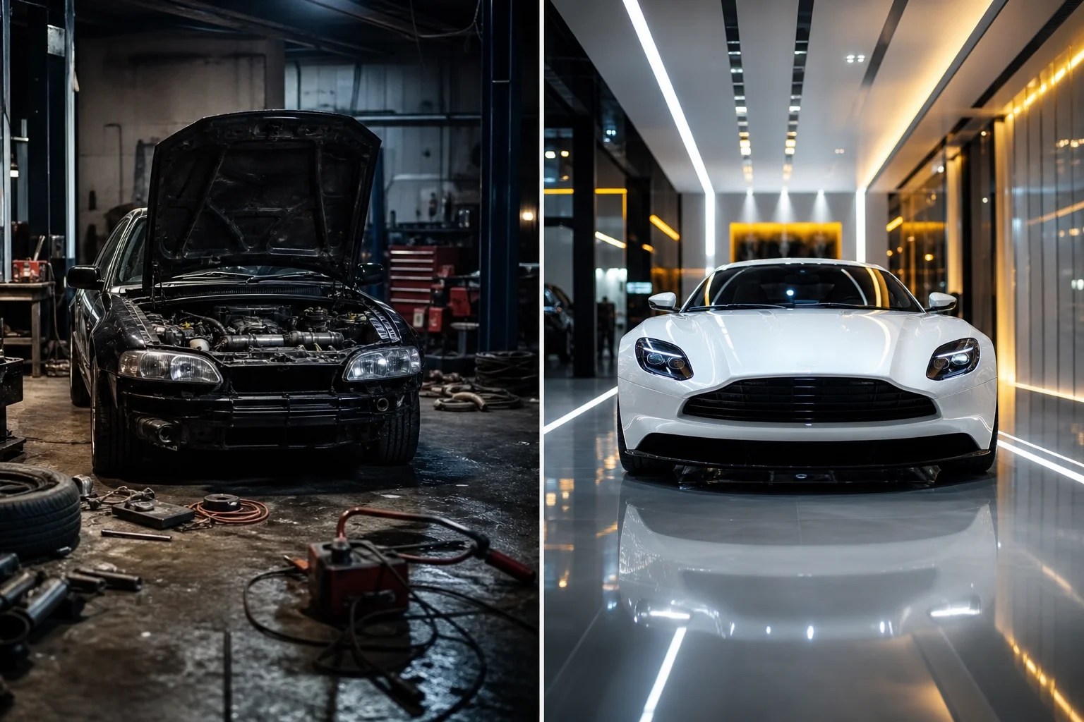 Split image showing a car in messy garage vs. same car in digital showroom, representing the shift from traditional to AI-powered car photography