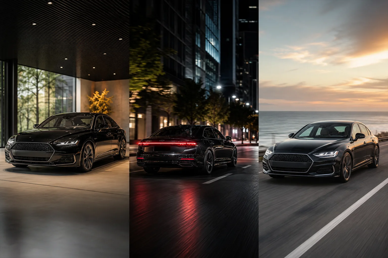 Same car shown in three AI-generated backgrounds: showroom, city, and coastal highway