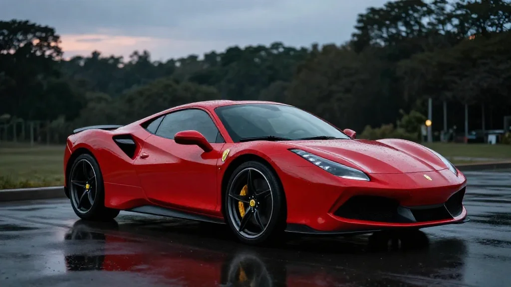A luxury car standing out against a clean, dark background after AI image healing.