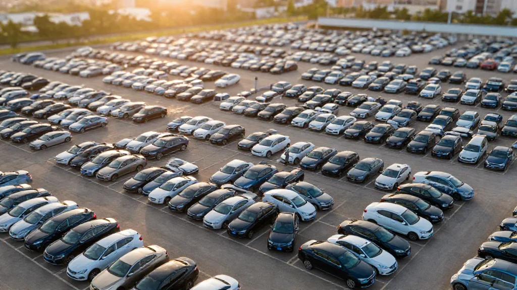 Aerial view of a large car dealership lot at sunrise.