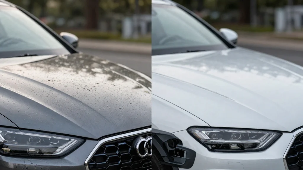 Side-by-side comparison of a dirty car hood versus a clean, healed car hood.