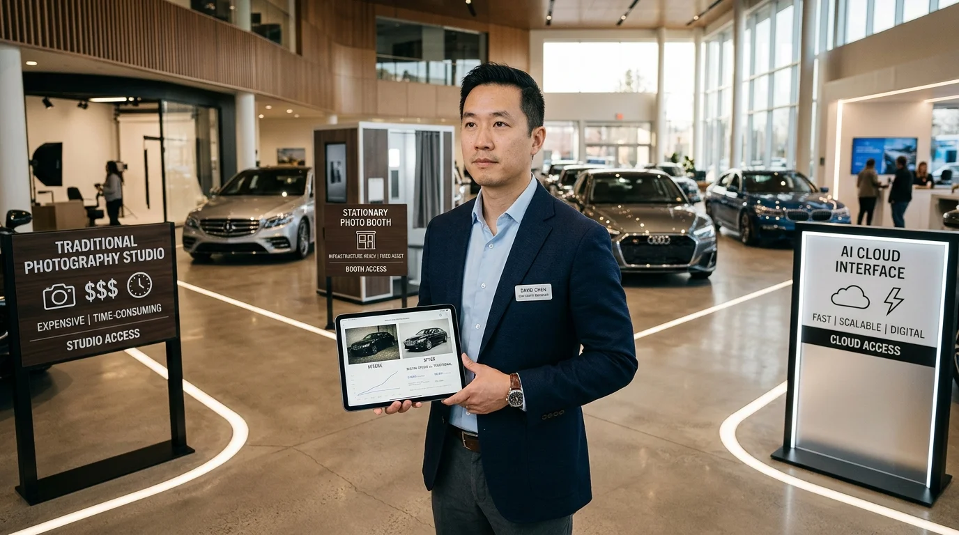 Dealership manager evaluating different photo editing solutions at a strategic crossroads
