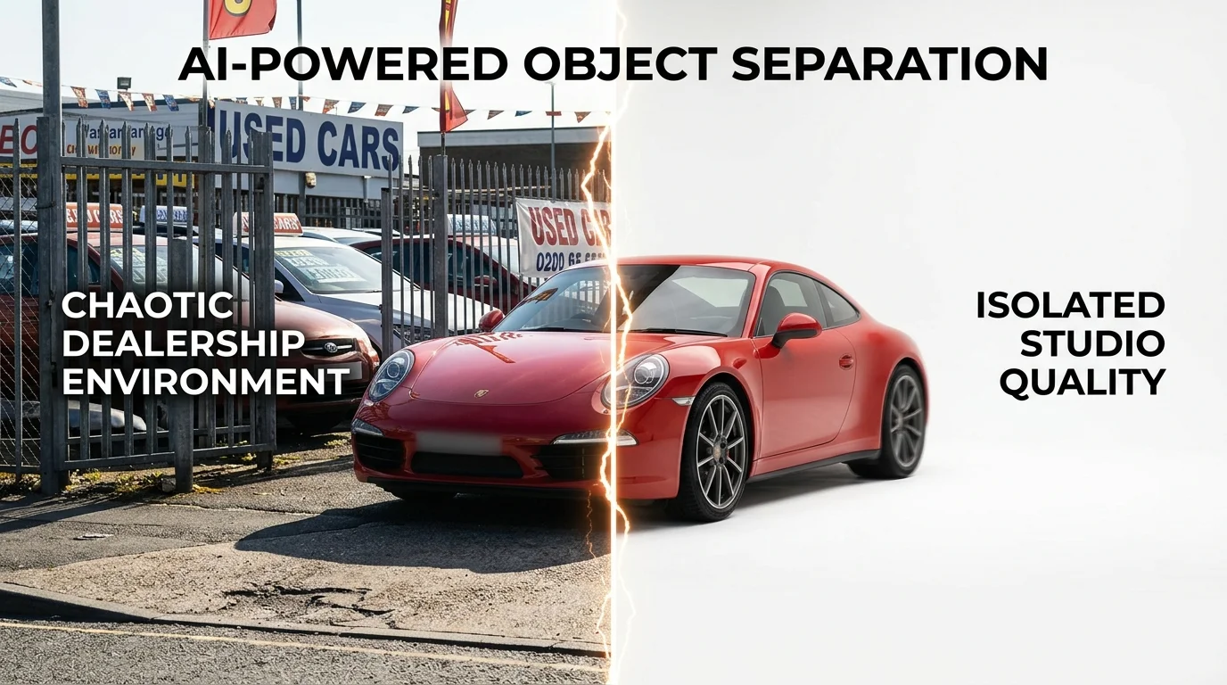 Before and after visualization of AI background removal on a vehicle, showing cluttered lot on left and clean studio backdrop on right