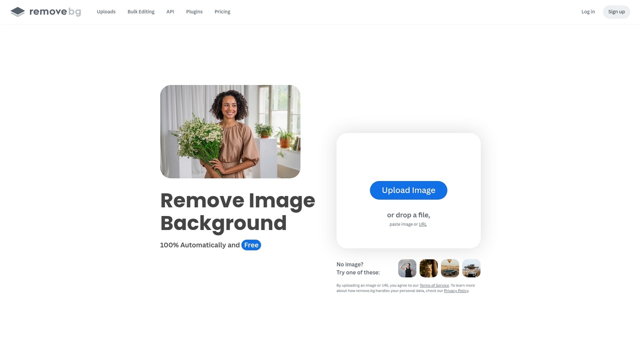 Remove.bg interface showing background removal tool with resolution options and pricing tiers