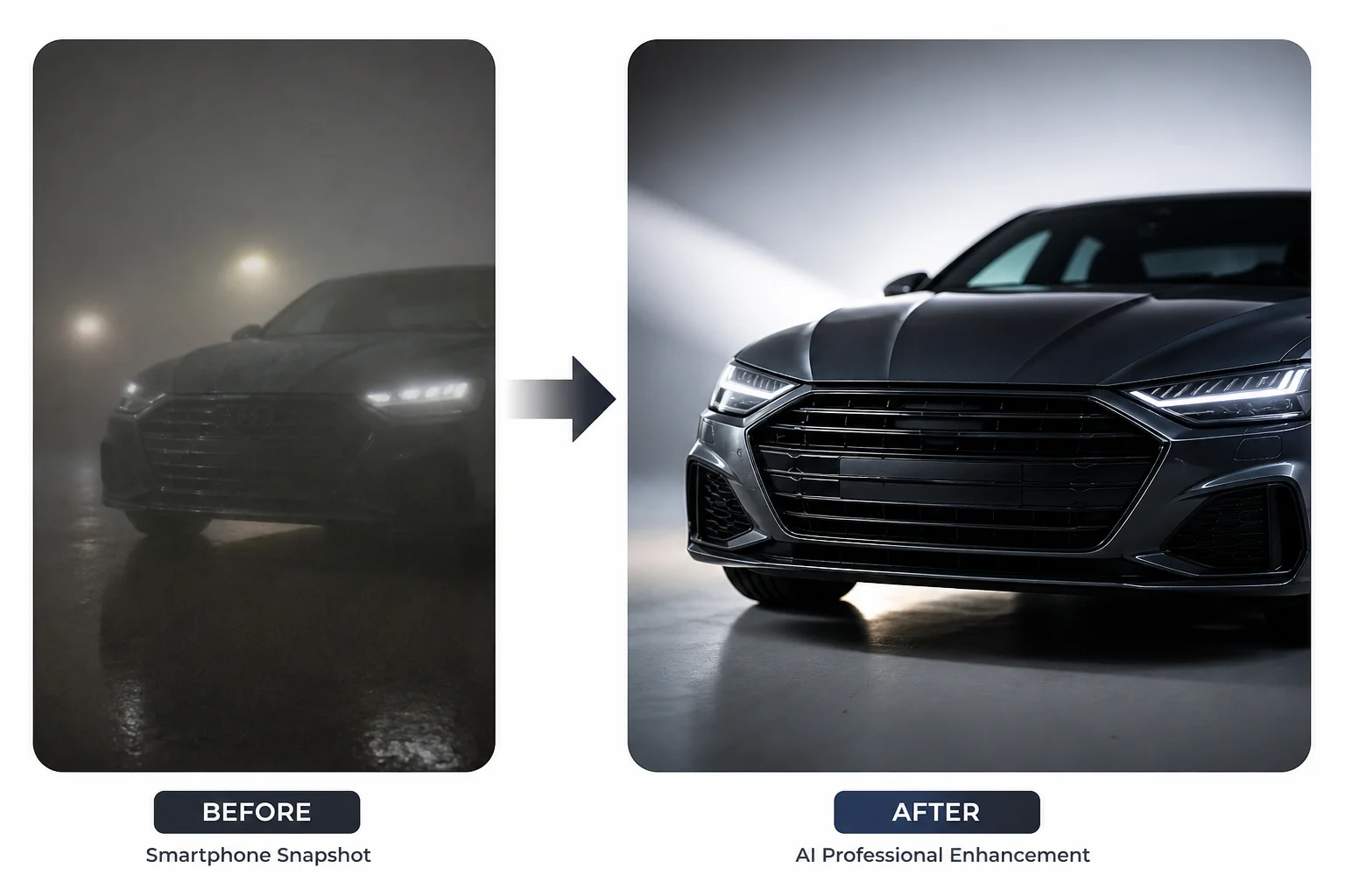 AI transformation of a car photo from blurry snapshot to professional studio image