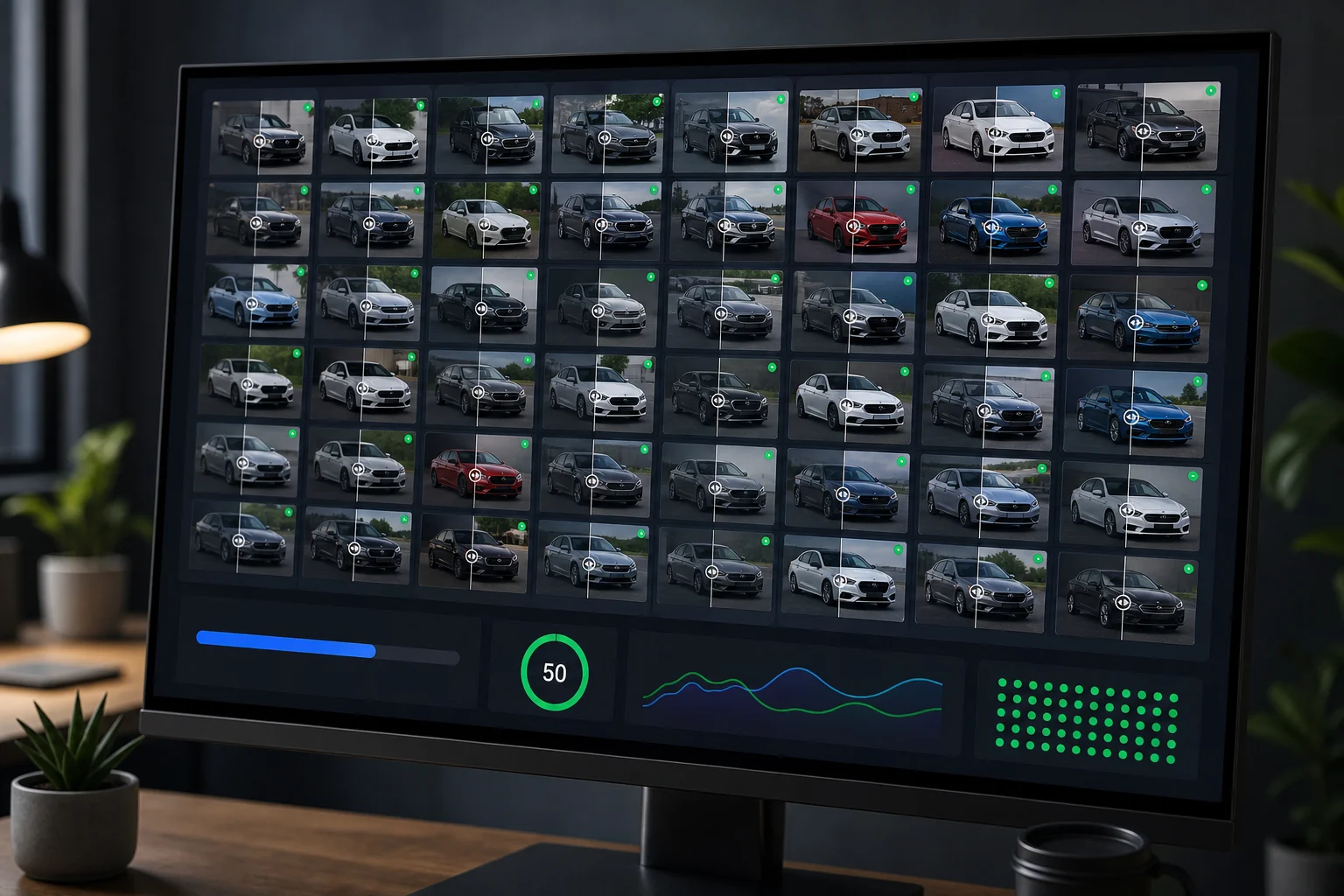 Dashboard view of AI processing multiple car images for fleet-scale visual consistency