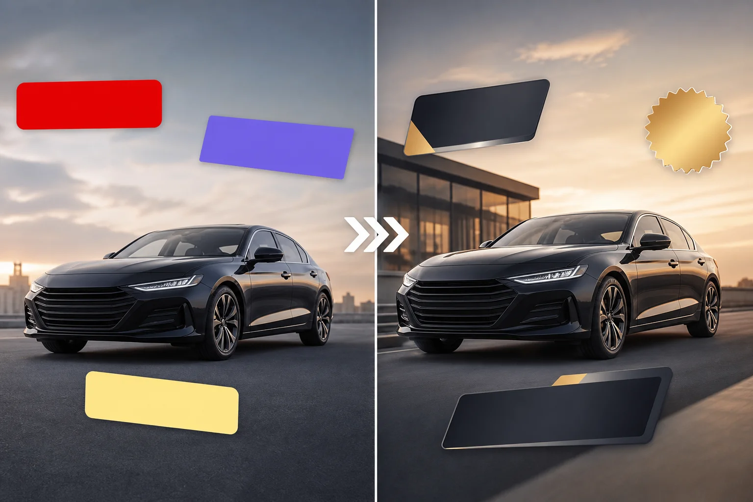 Comparison of unbranded vs AI-enhanced car image with professional text overlays