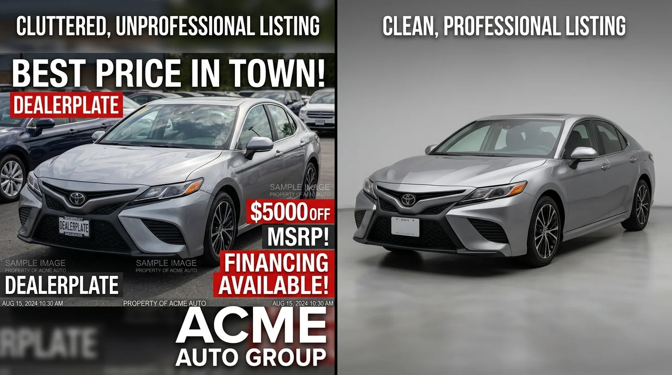 Comparison of a cluttered car photo with text overlays versus a clean professional car image