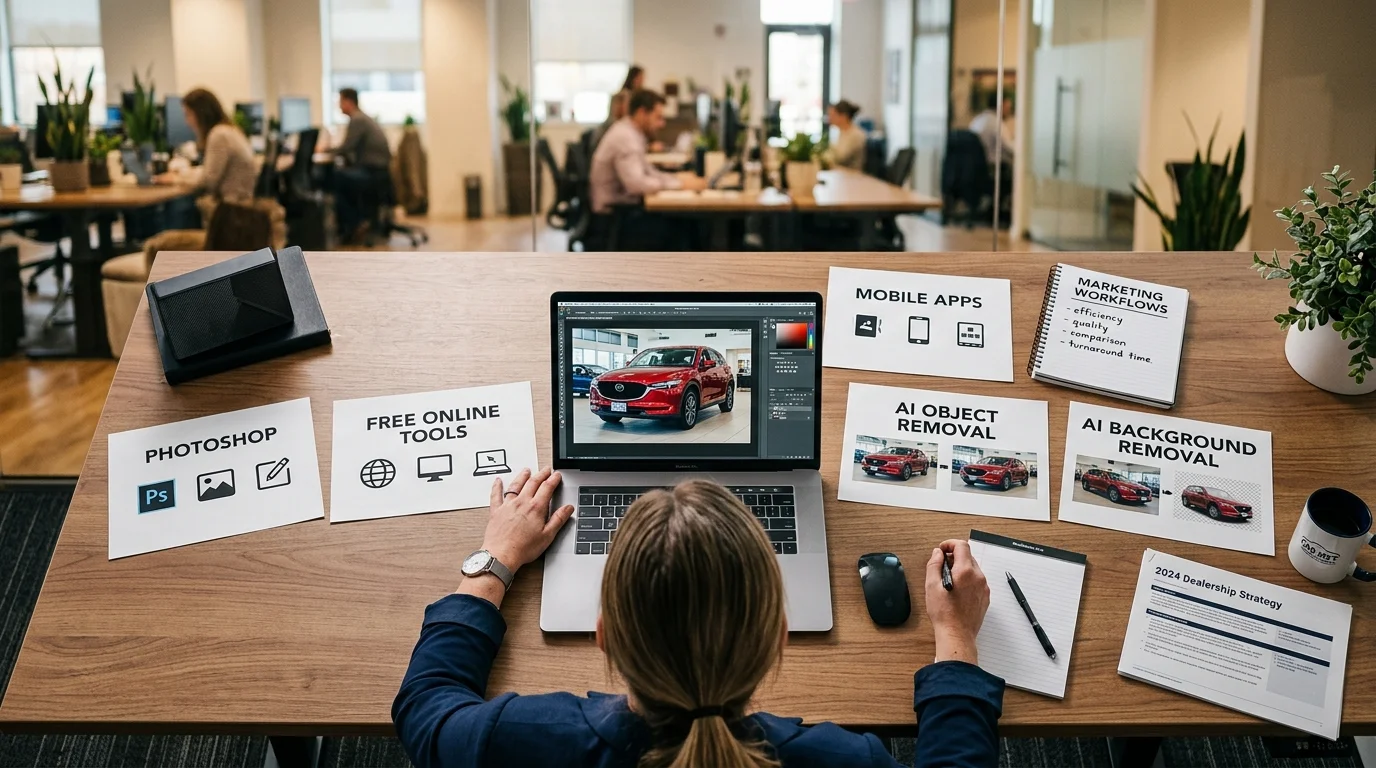 Marketing manager comparing different methods to edit car photos on a desk