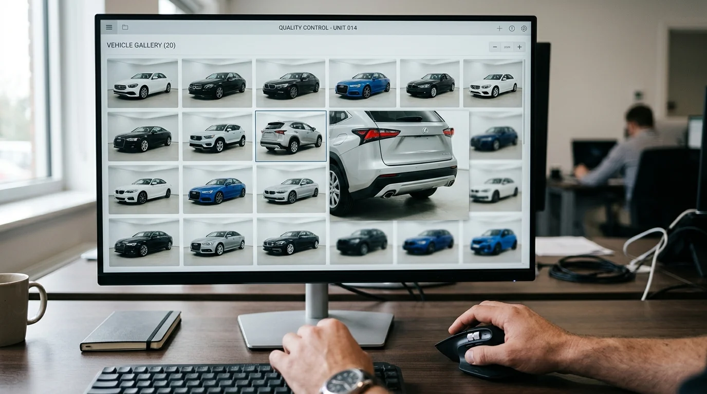 Editor inspecting a grid of consistently edited car photos on a monitor