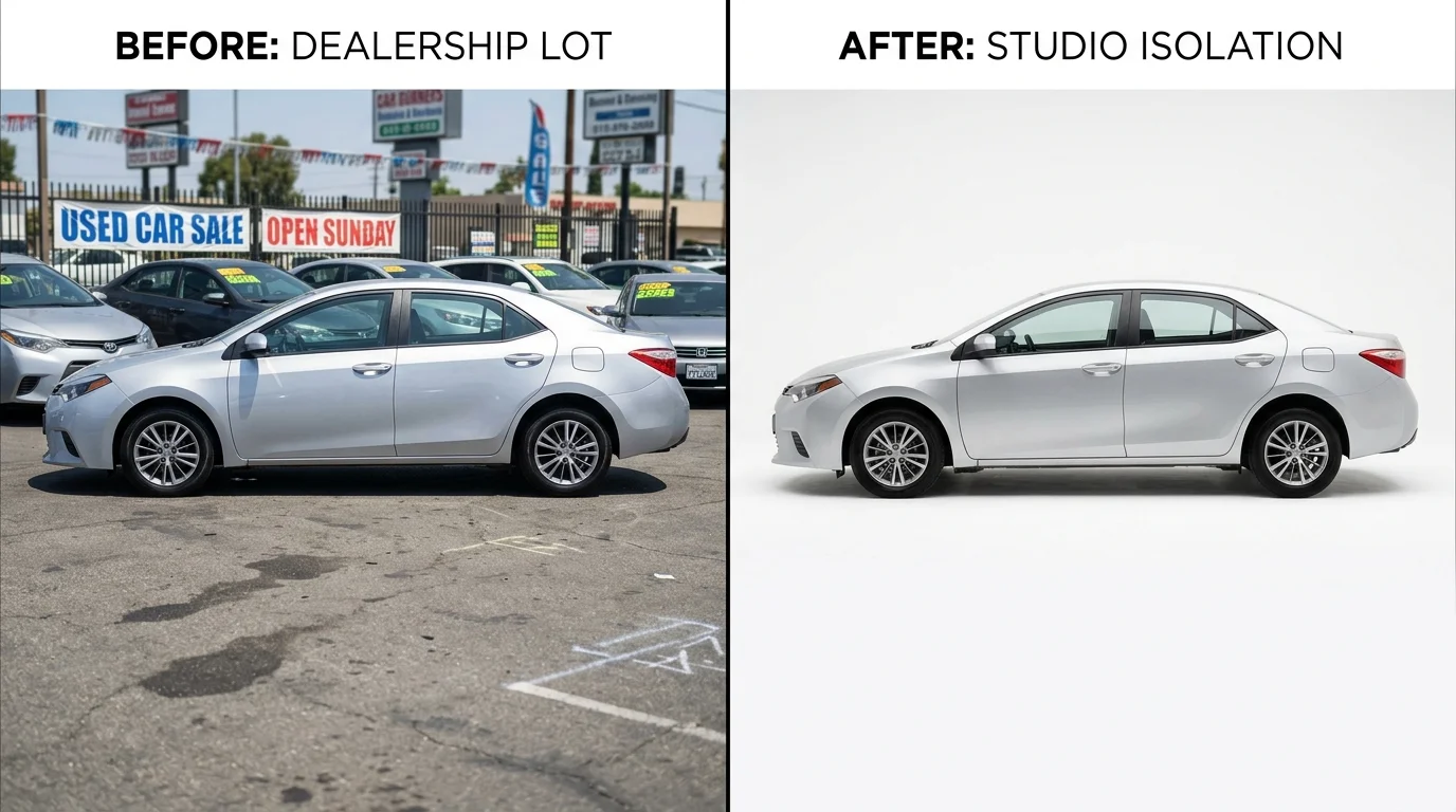 Before-and-after comparison of a car photo with cluttered lot text versus a clean studio-style background