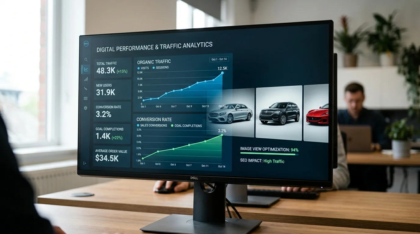Analytics dashboard with rising metrics over clean car photos