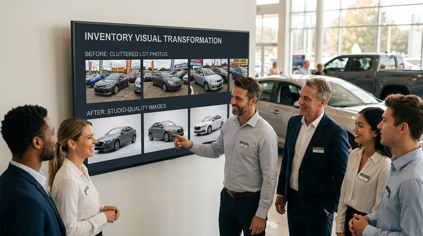 Dealership team reviewing before-and-after transformations of their car photo inventory