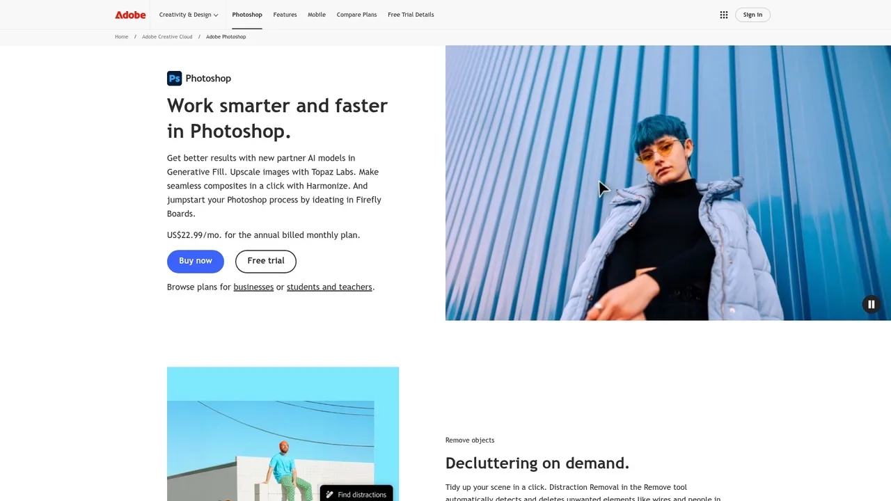 Adobe Photoshop product page showing photo editing capabilities