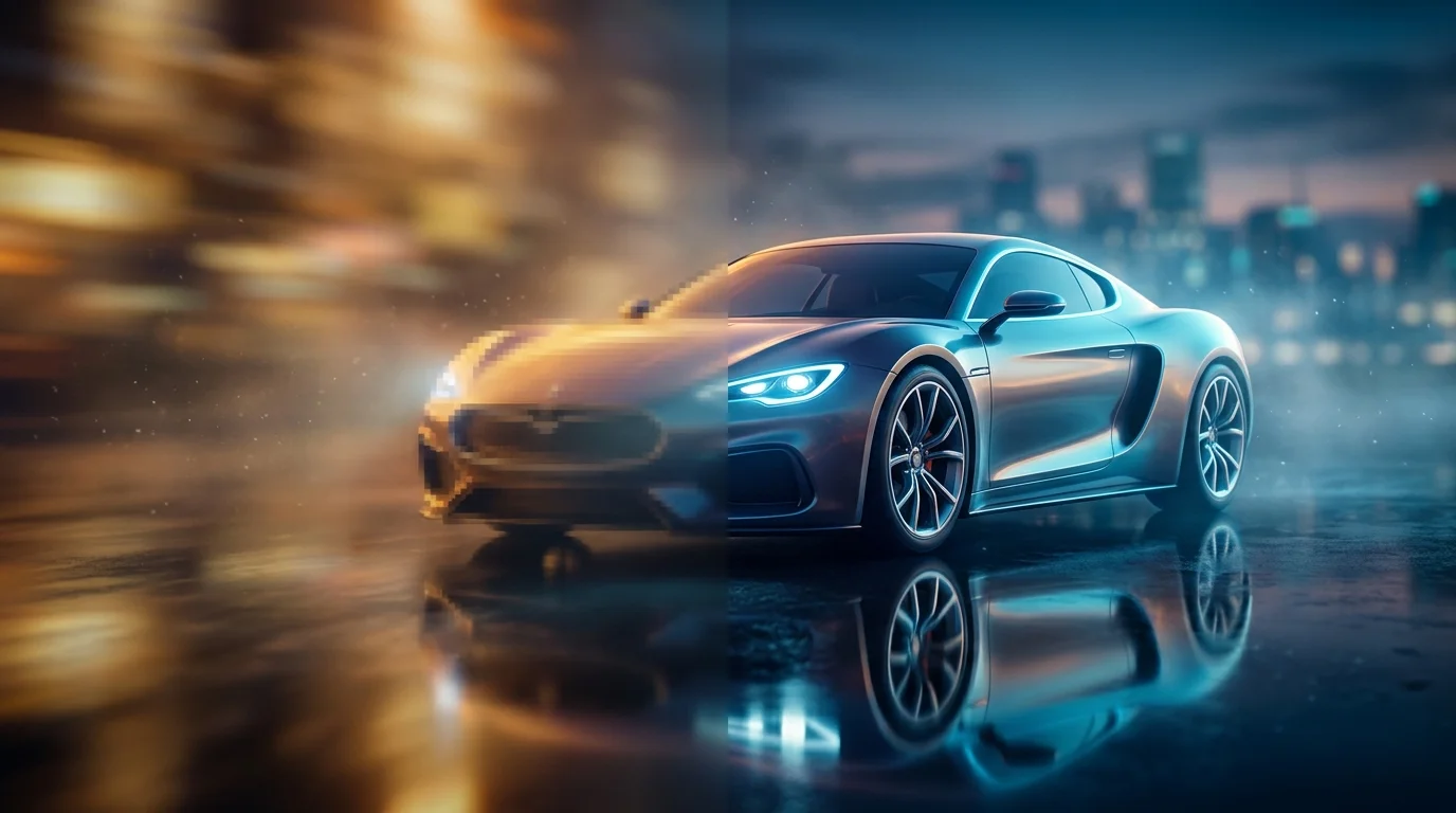 Car transitioning from blurry to sharp, symbolizing photo sharpening transformation