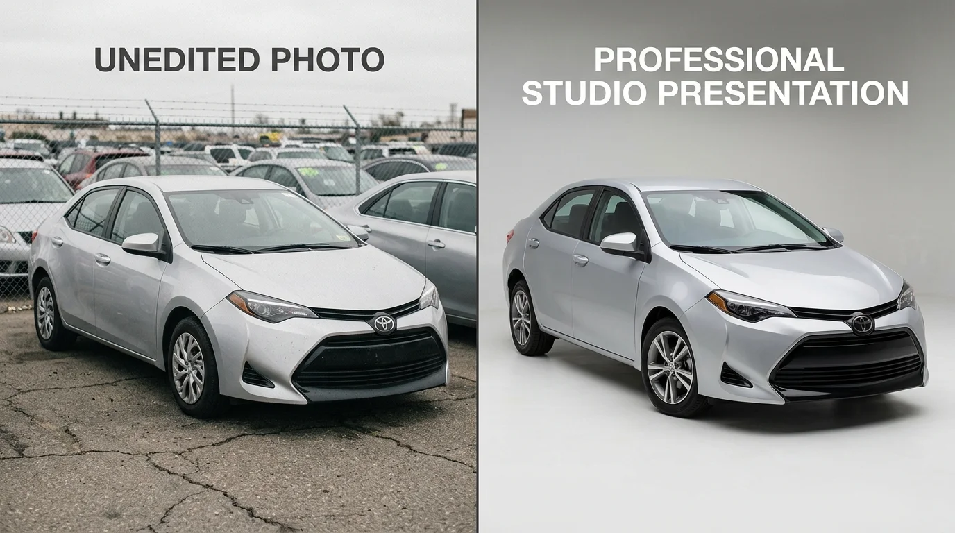 Comparison of original lot car photo and enhanced high-resolution image on clean background