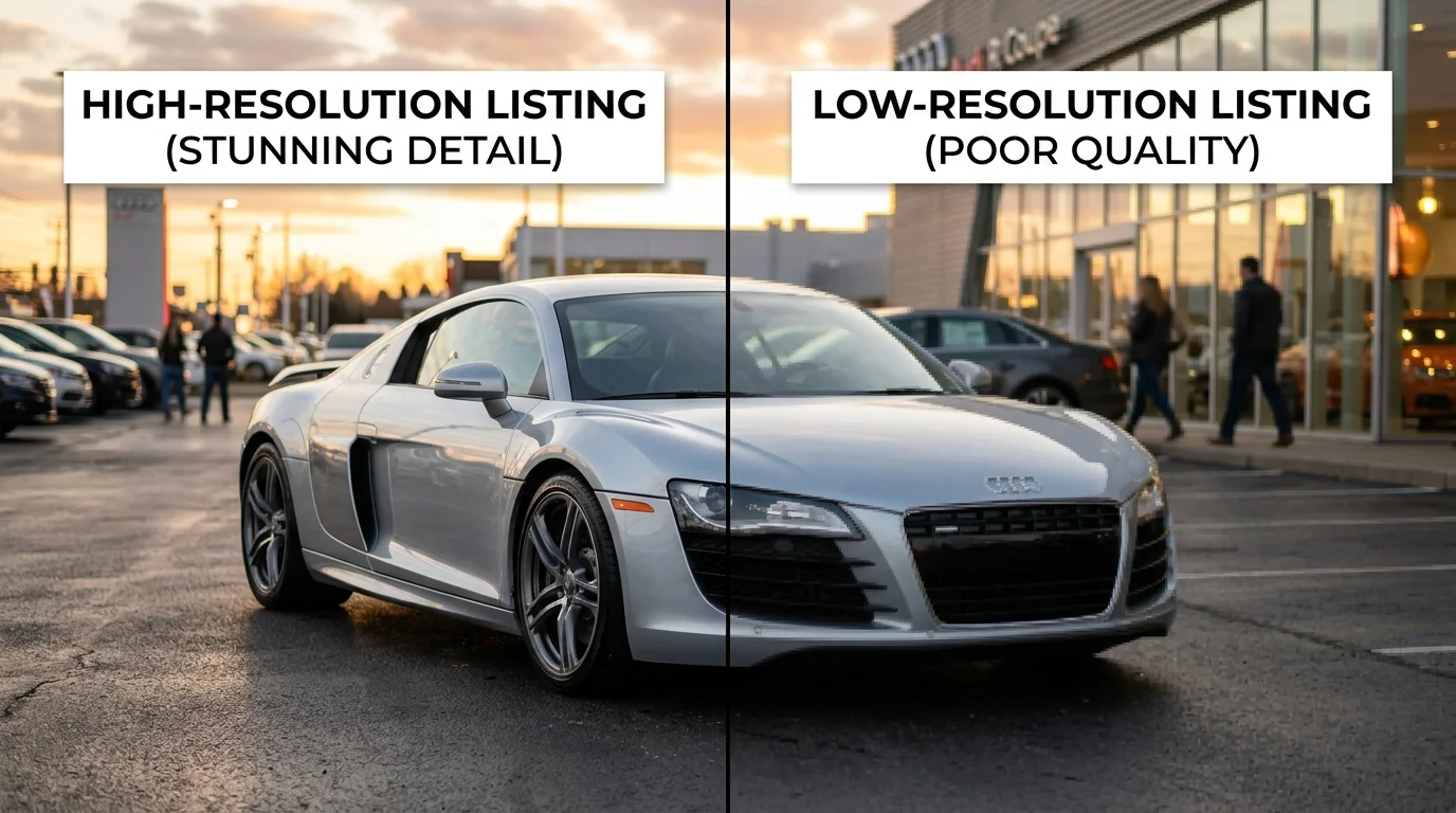Car photo split between sharp high resolution and blurry low resolution to illustrate image quality difference