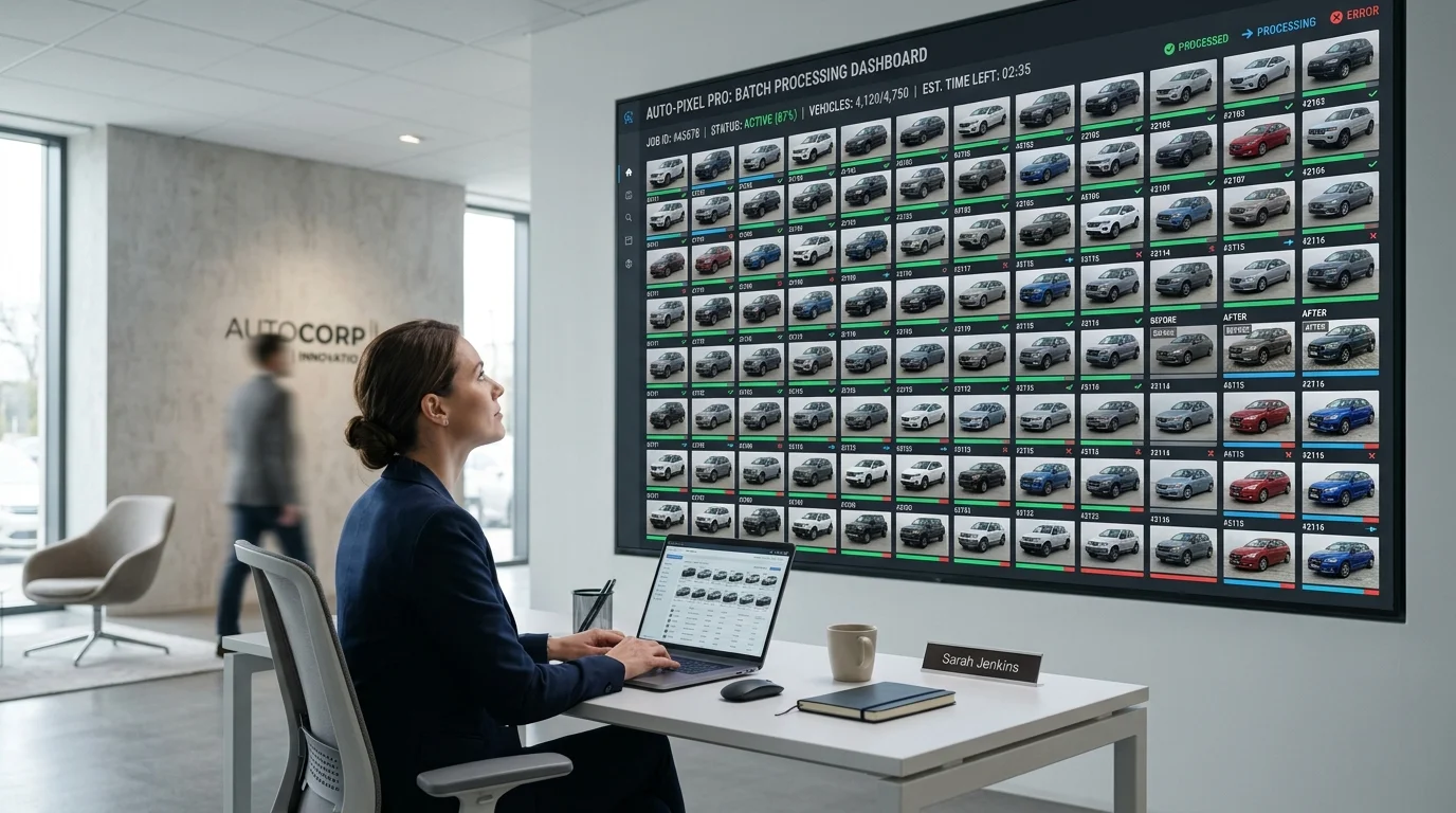 Dealership office screen showing batch processing of multiple car photos