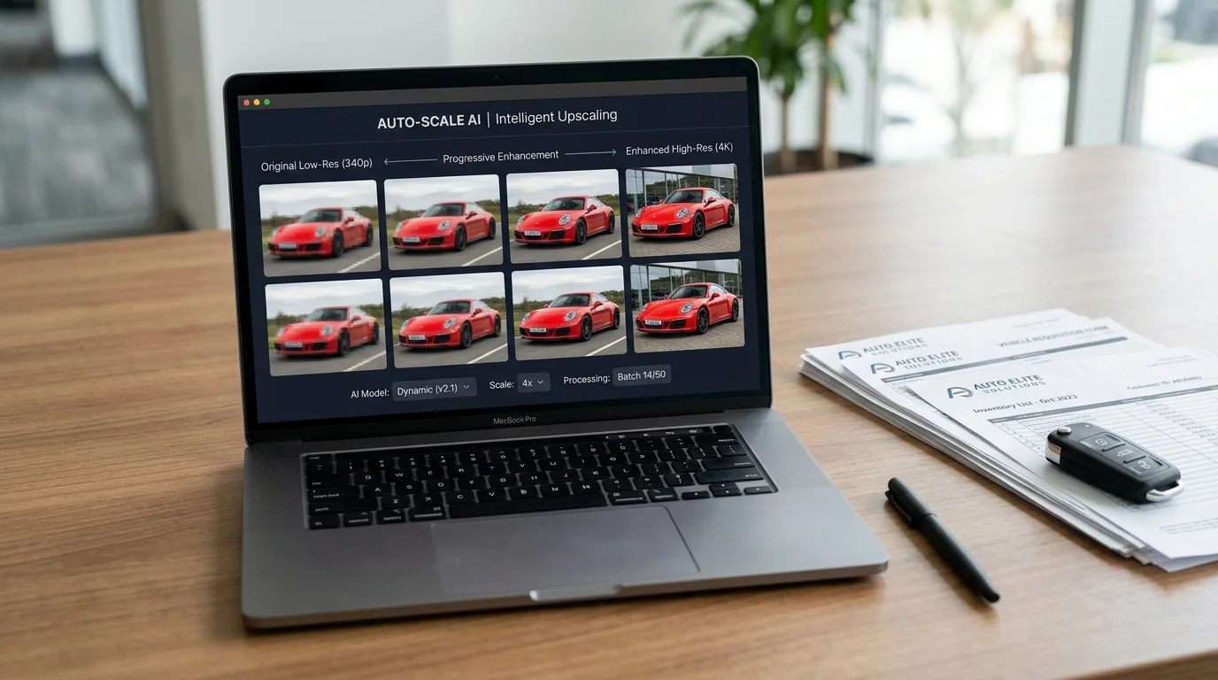 Laptop showing AI upscaling of multiple car photos becoming sharper in a grid