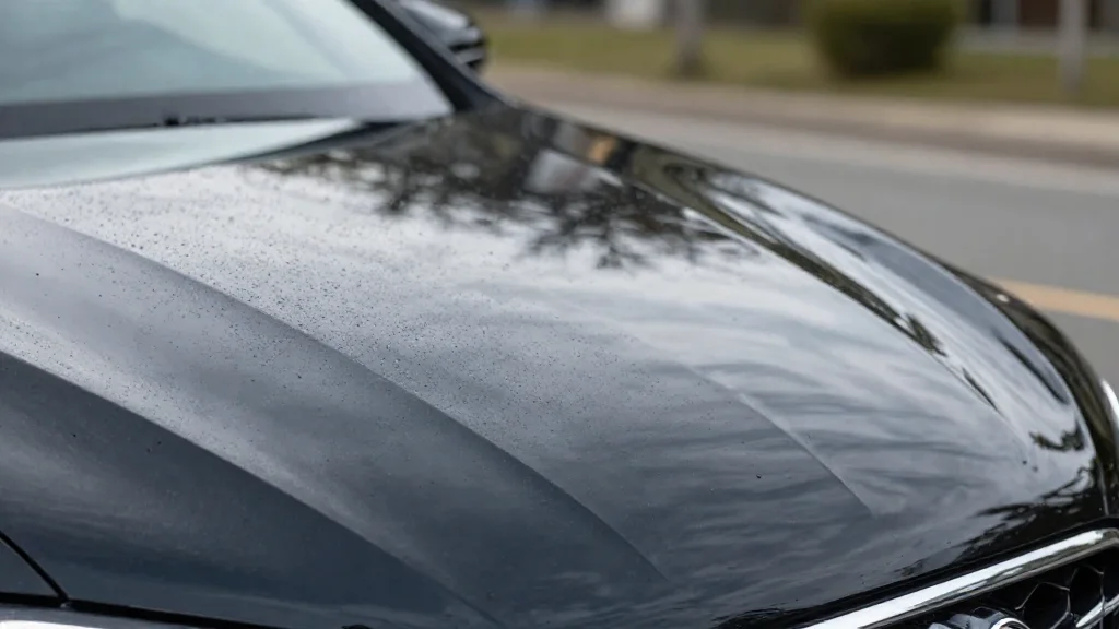 Close-up of a car hood showing the transition from dusty to healed surface