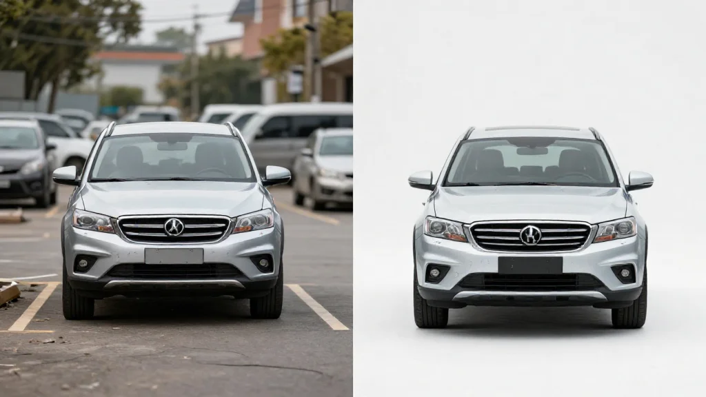Split comparison of a car in a parking lot versus a studio background