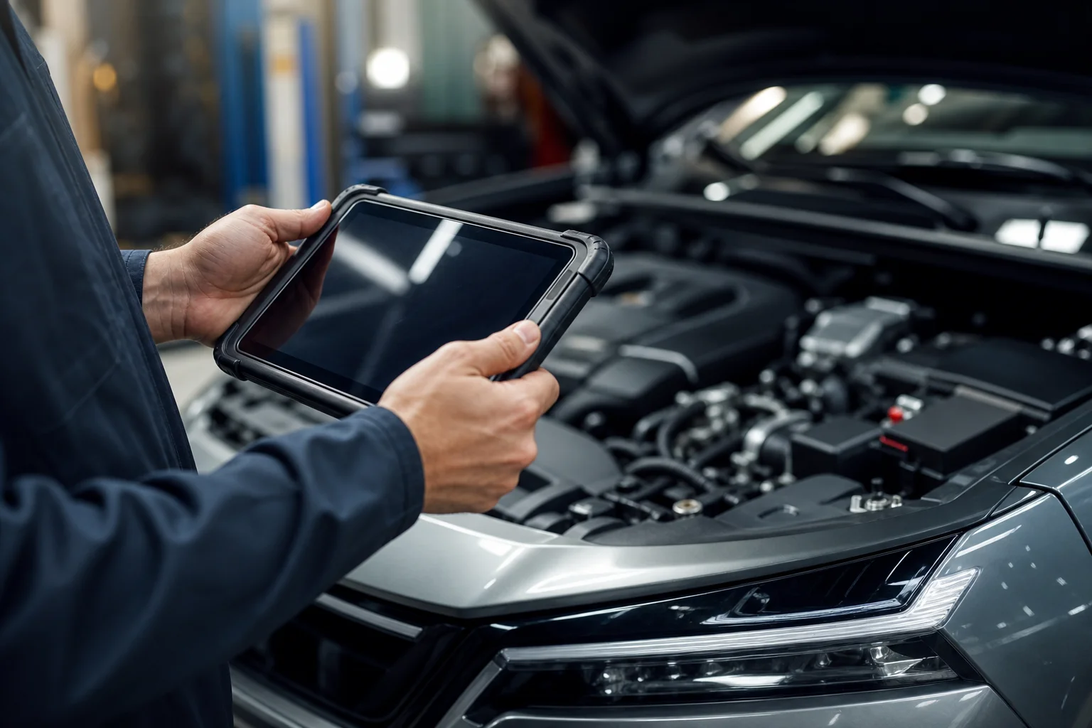 Technician using digital tablet during car inspection, representing ASE-certified service and transparency