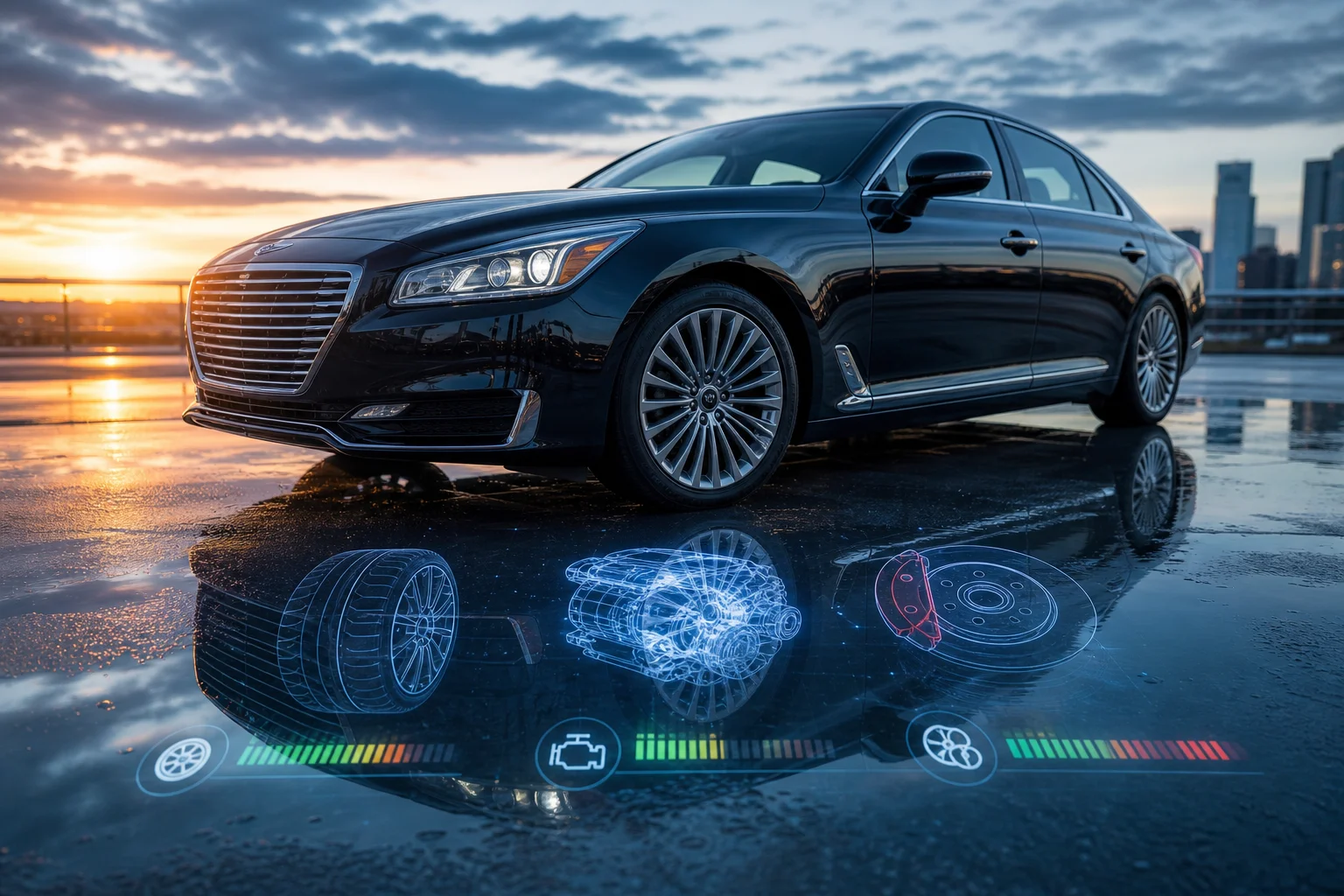 Luxury car reflection with diagnostic data overlay, symbolizing AI-enhanced pre-purchase inspection