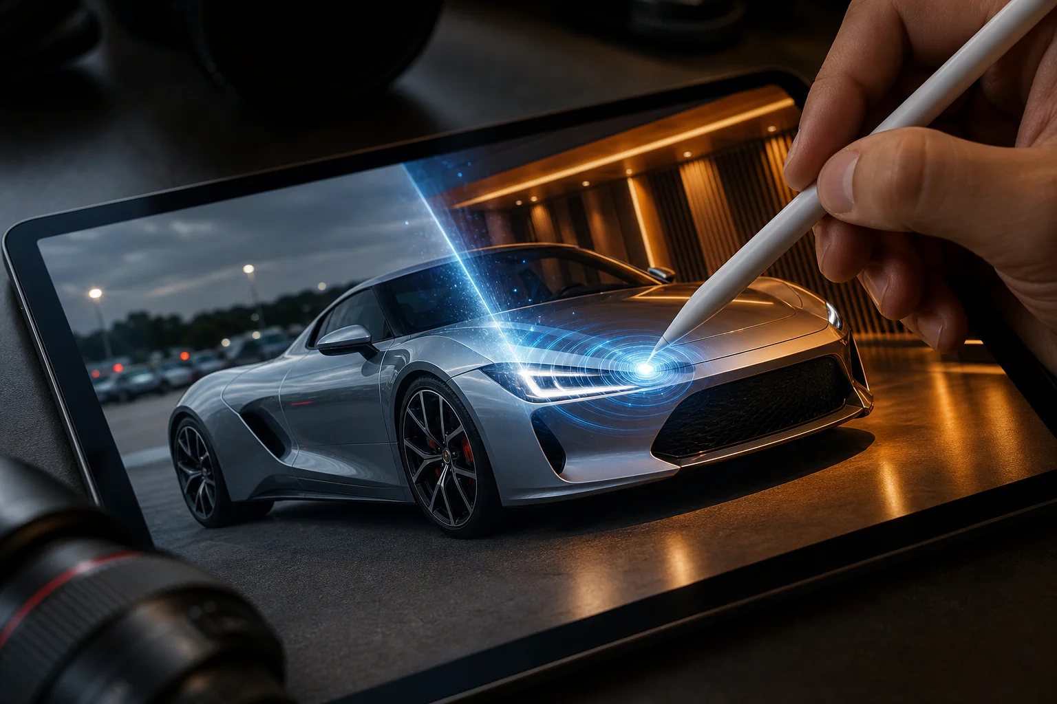 Digital artist editing a car photo with post-production software