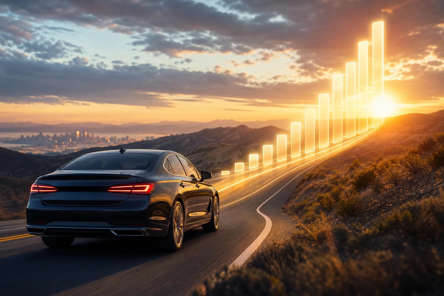 Conceptual image of a car driving towards financial growth and ROI
