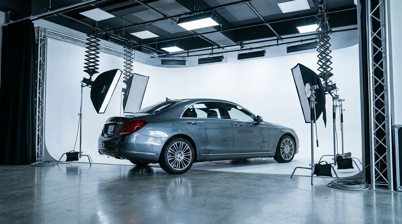 Professional photo booth interior with controlled lighting and fixed white backdrop for automotive photography