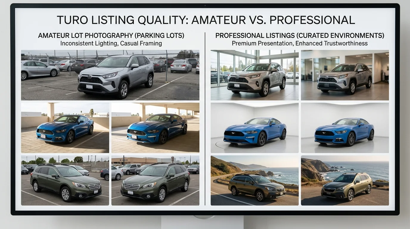 Comparison of amateur lot photography versus professional backgrounds in competitive Turo marketplace listings