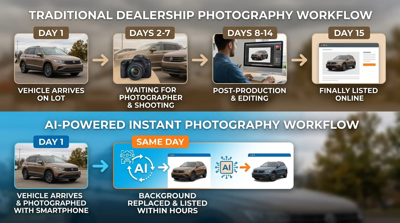 Timeline comparison showing traditional photography delays versus same-day AI background replacement workflow