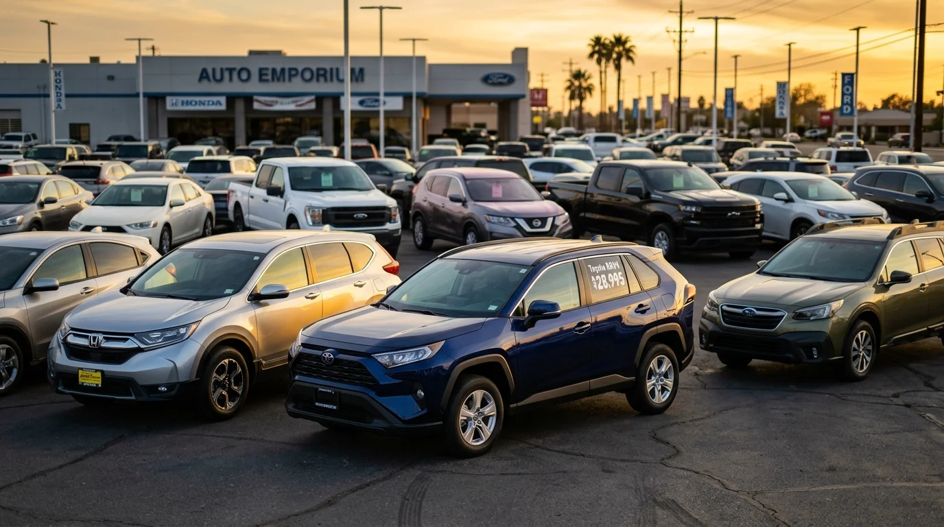 Dealership lot showing inconsistent vehicle photography quality with varying lighting conditions across multiple cars