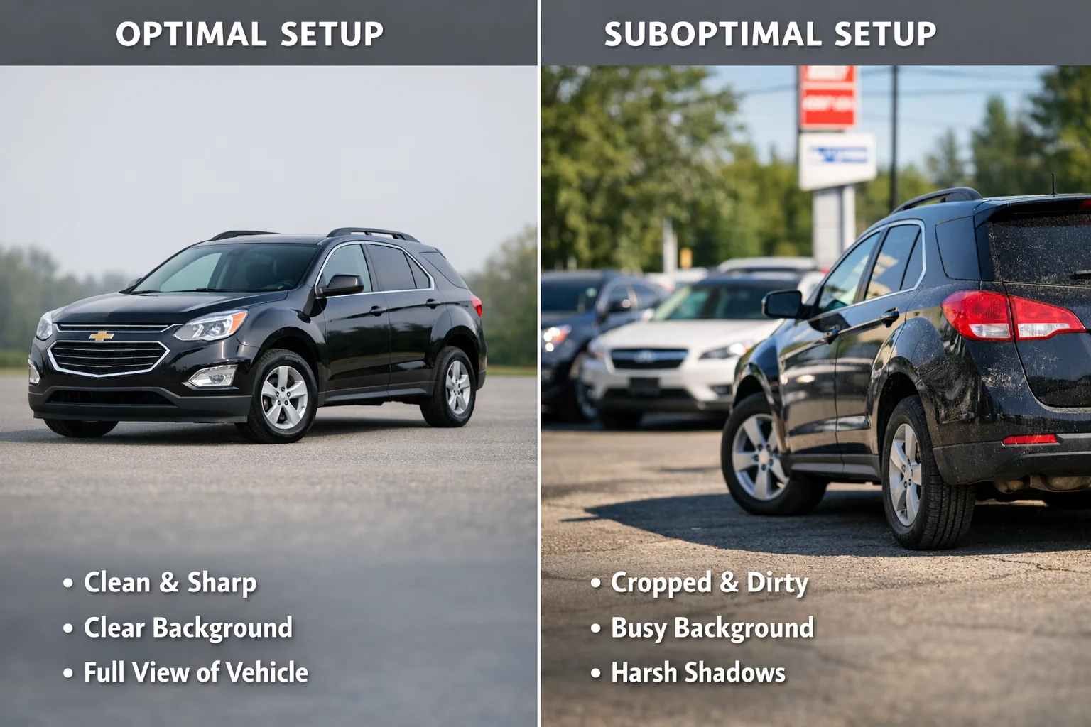 Optimal versus suboptimal vehicle photography preparation for AI background removal