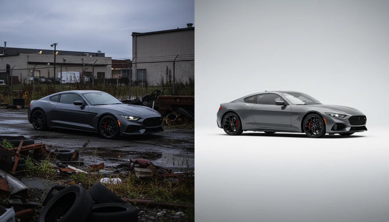 Before and after car photo background transformation
