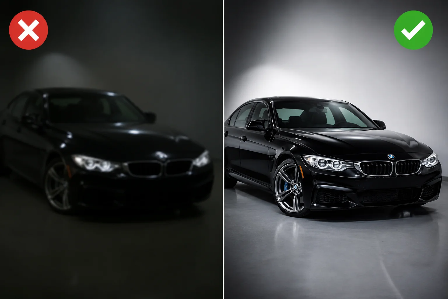 Before and after comparison of AI-enhanced car photography