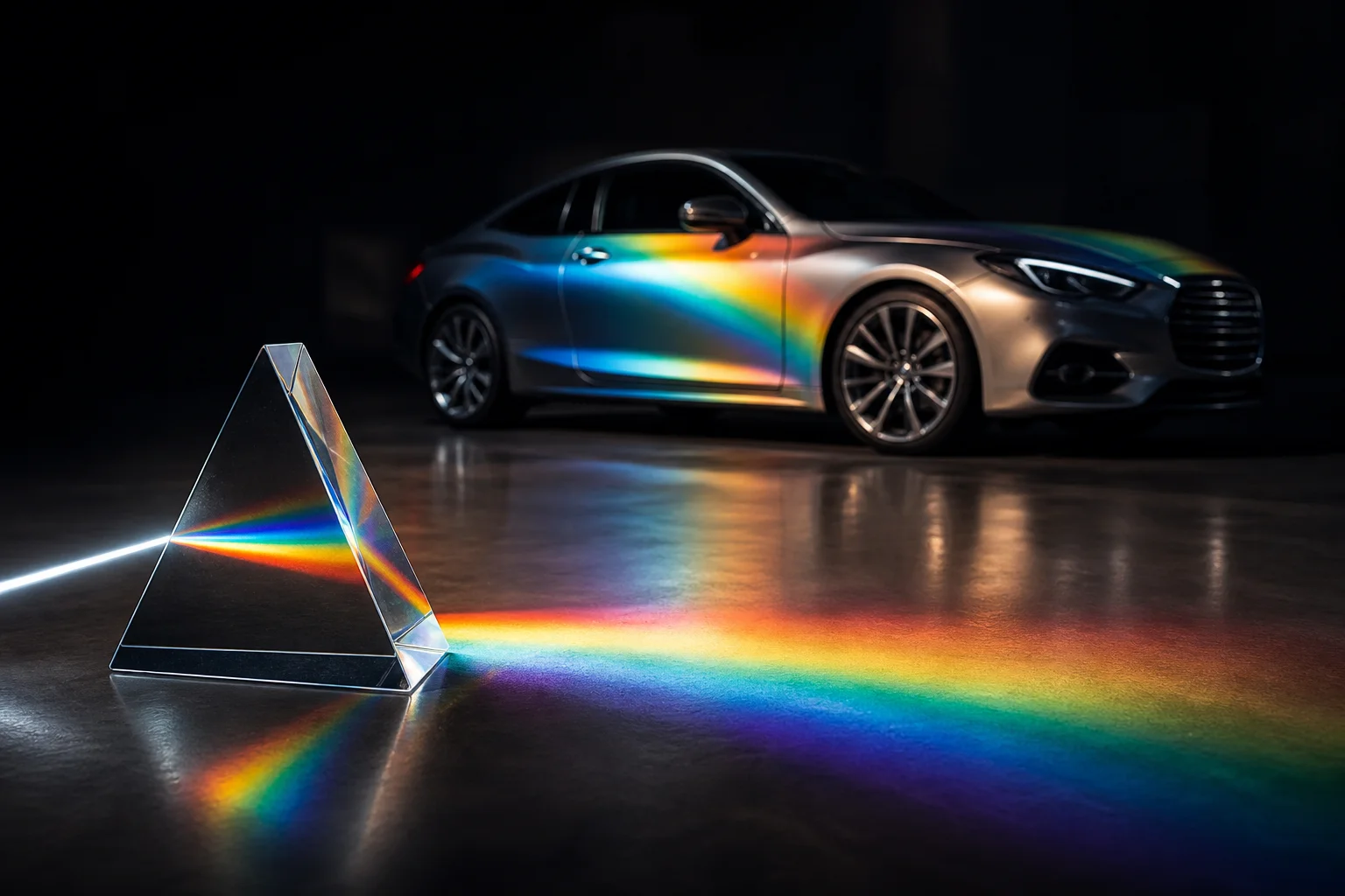 Spectrum of car color choices refracting onto a vehicle silhouette