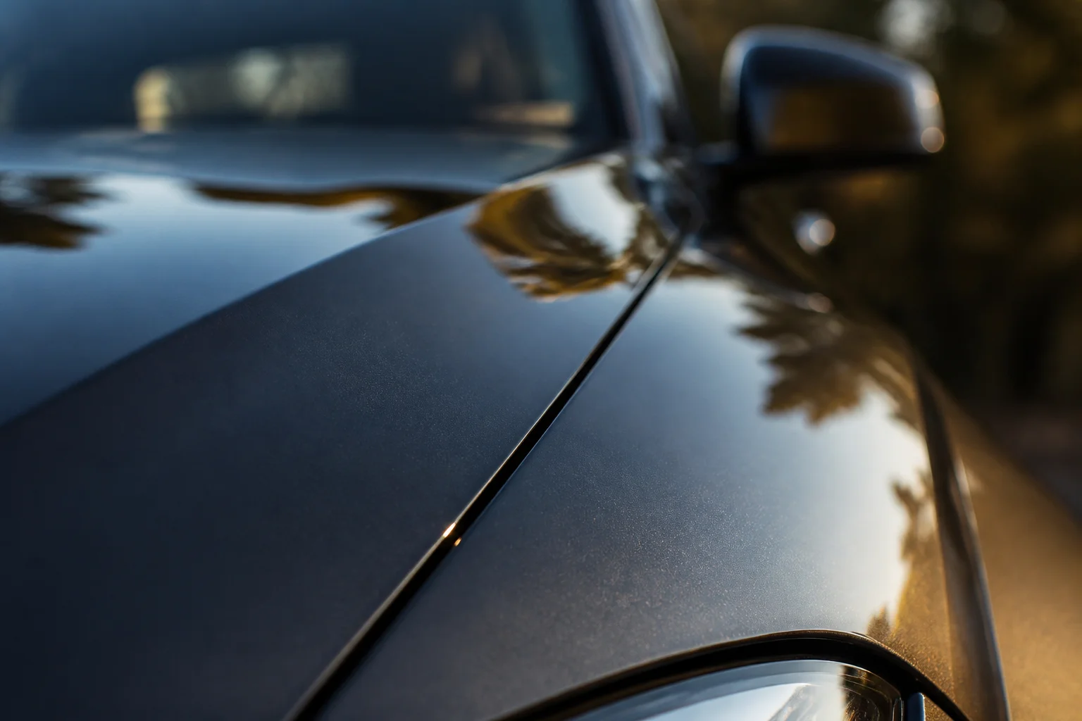 Camera lens focusing on the detailed paint texture of a car hood