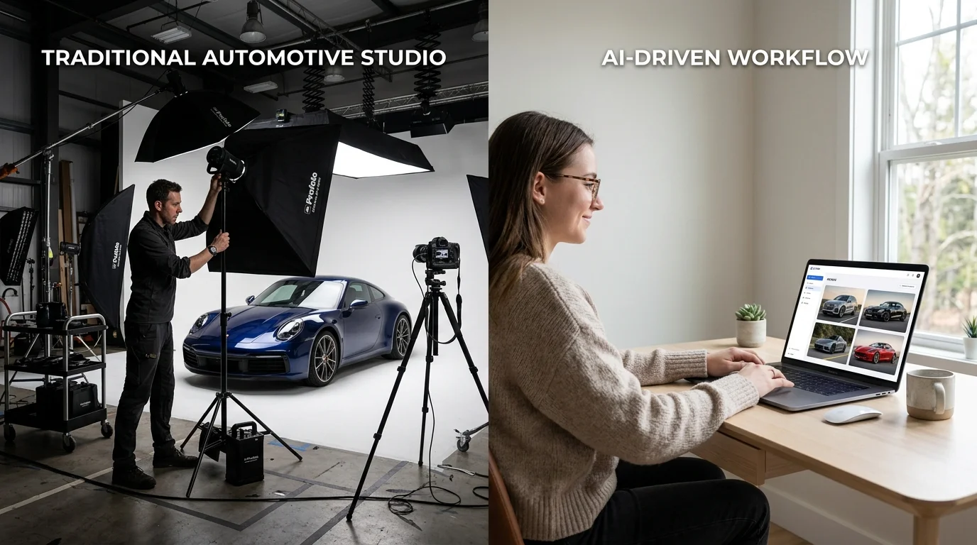 Comparison of traditional studio photography setup versus AI-powered digital customization workflow