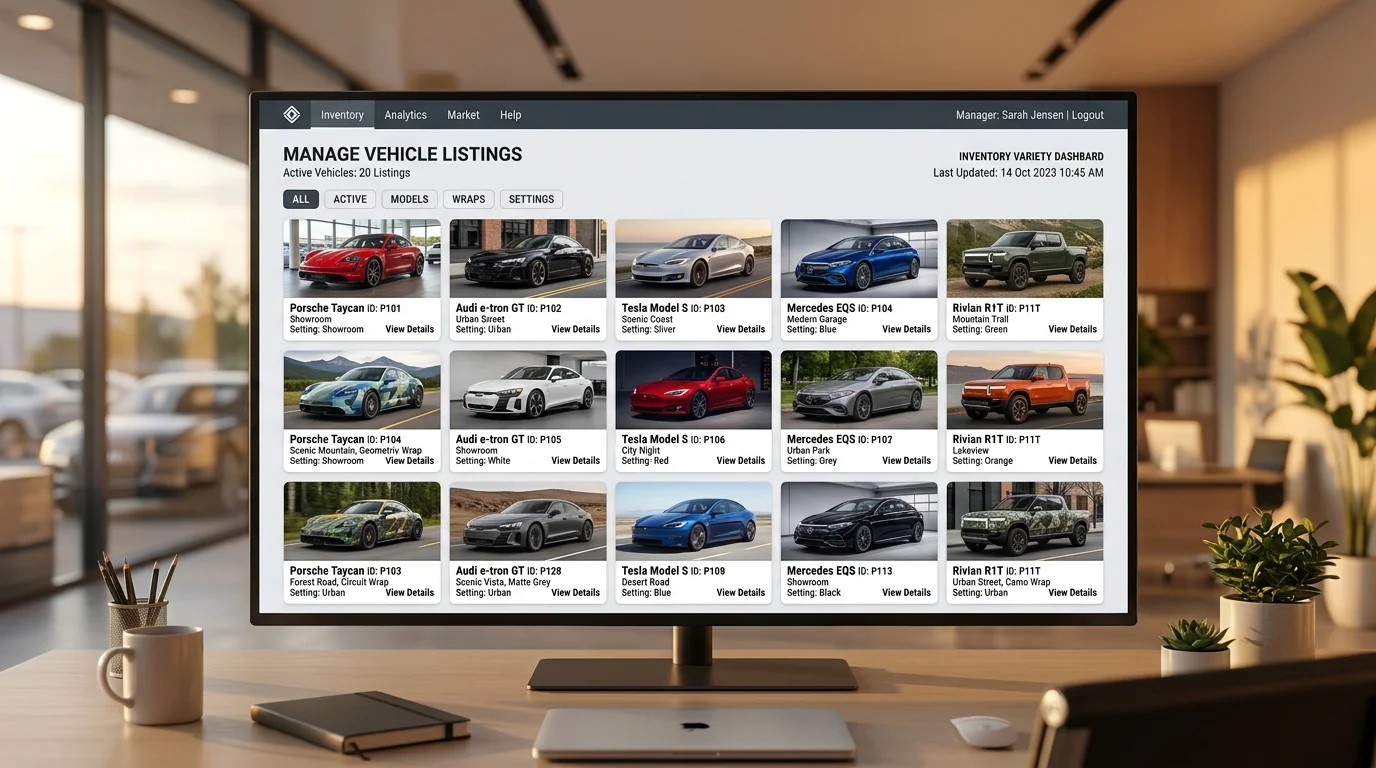 Dealership inventory management showing multiple background and color variations from single vehicle photos