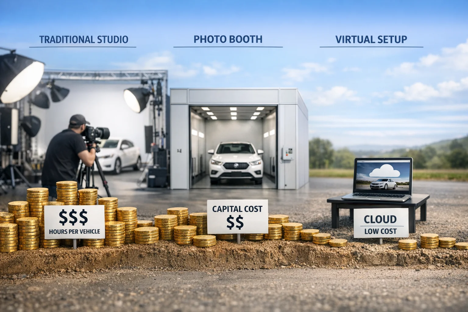 Cost comparison visualization: traditional studio, physical booth, and AI solution
