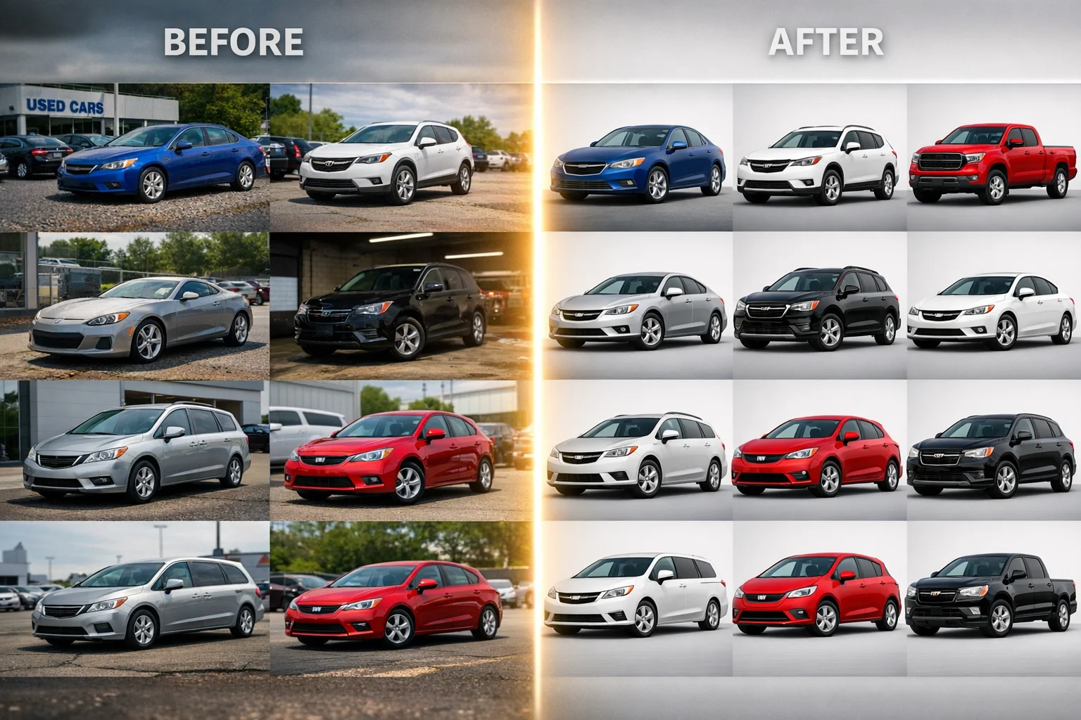 Before-and-after comparison of dealership inventory: cluttered lot photos versus consistent studio-quality images