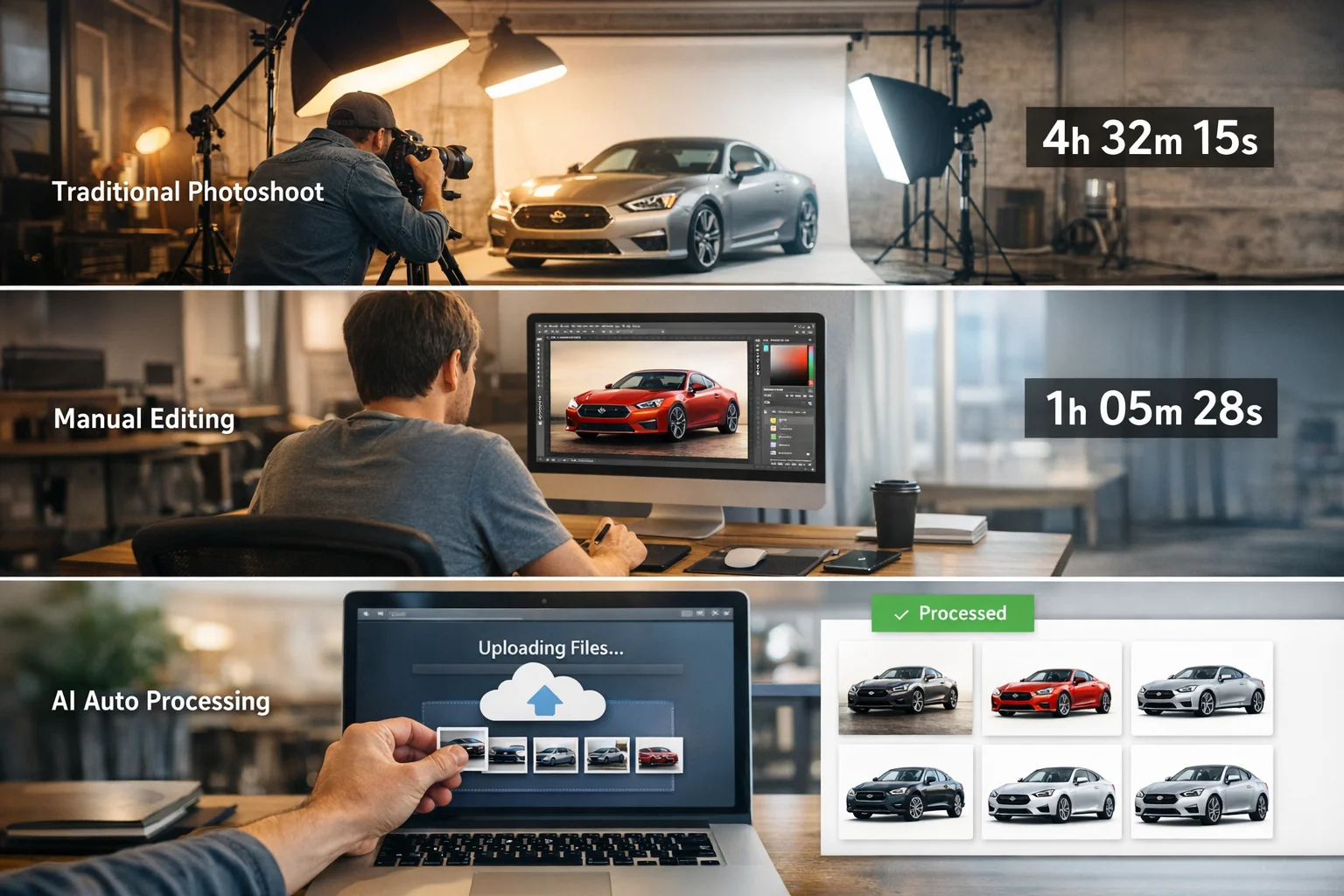 Comparison of three car photo editing workflows: traditional studio, manual Photoshop editing, and AI automation