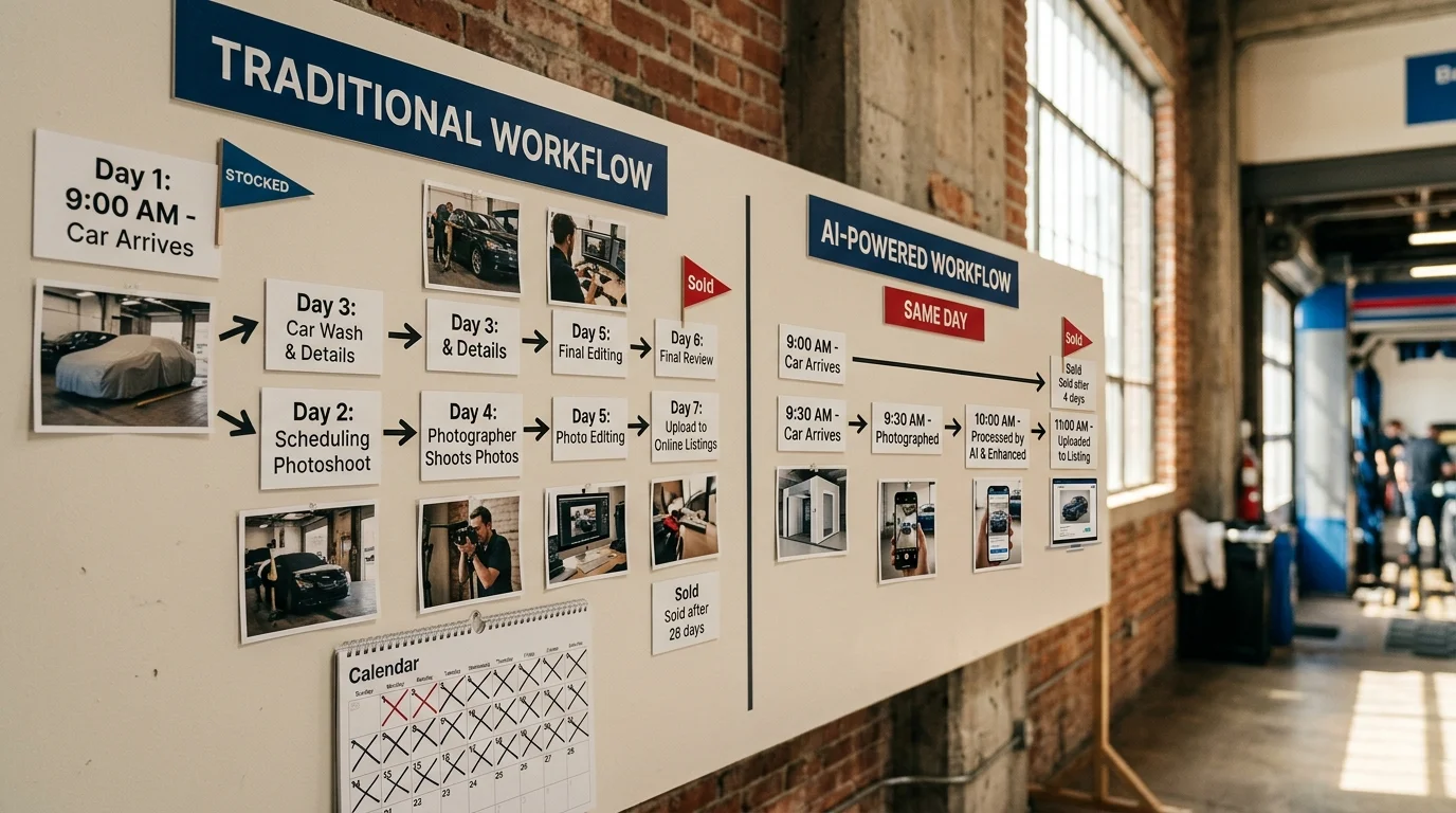 Timeline comparison: traditional photography workflow versus AI-powered background removal