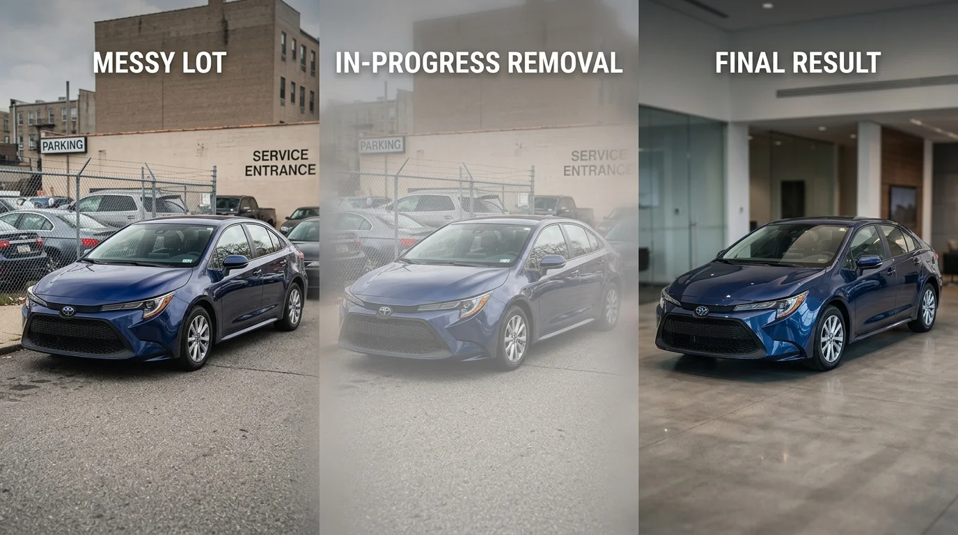 Three-stage visualization of AI object removal process showing cluttered background, removal in progress, and final professional result