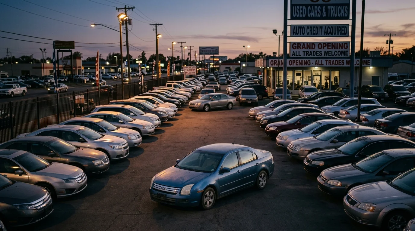 Cluttered dealership lot with inconsistent lighting and multiple vehicles creating visual chaos in the background